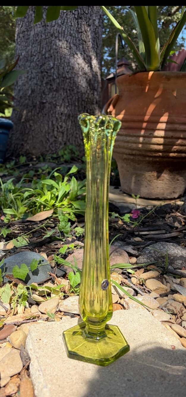 Vintage Westmoreland Glass Green Swung Bud Vase with Hexagonal Base